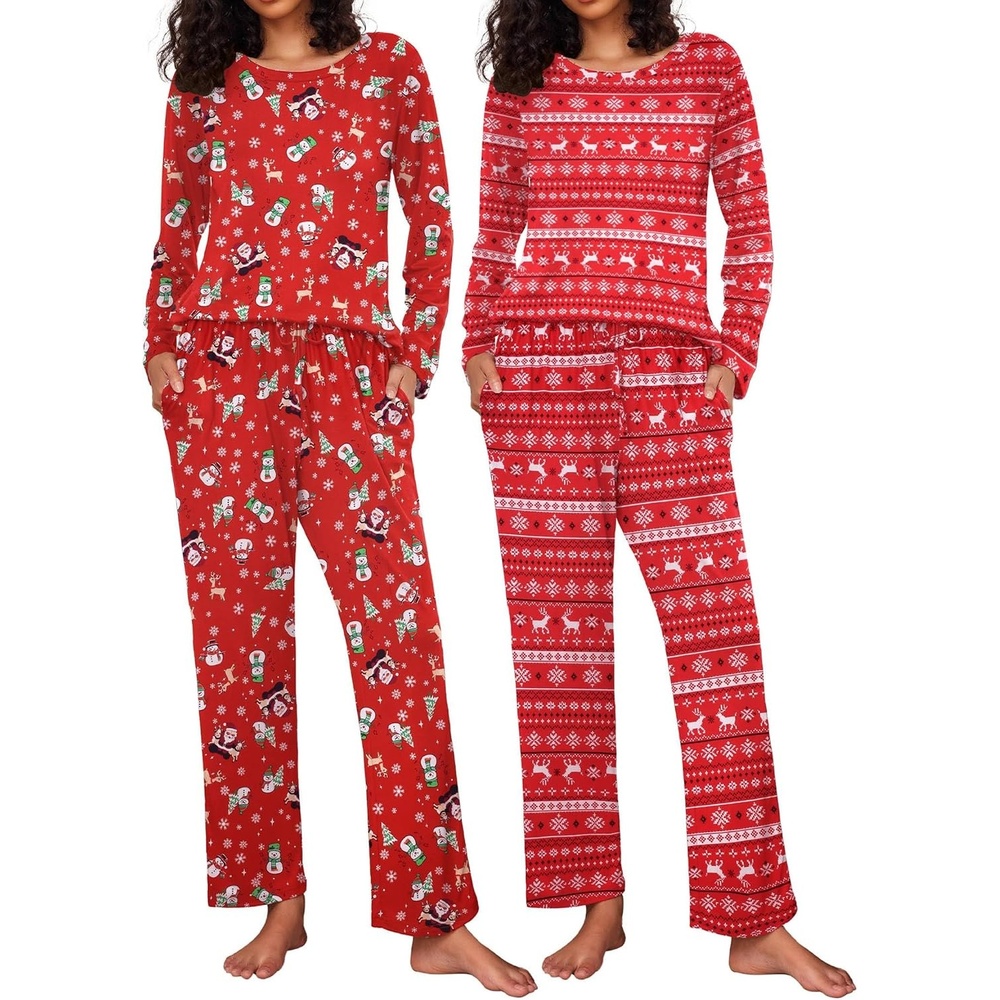 image:imageEkouaer Womens 2 Pack Pajama Sets Long Sleeve Lounge Set Soft Comfy PjsAchristmas SnowmanChristmas Snowflakes