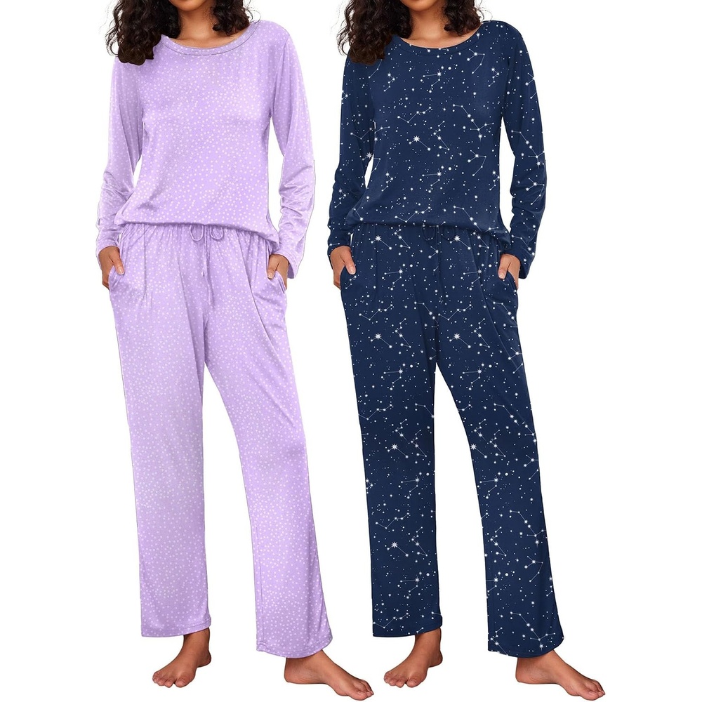 image:imageEkouaer Womens 2 Pack Pajama Sets Long Sleeve Lounge Set Soft Comfy PjsAlilac DotsNavy Star