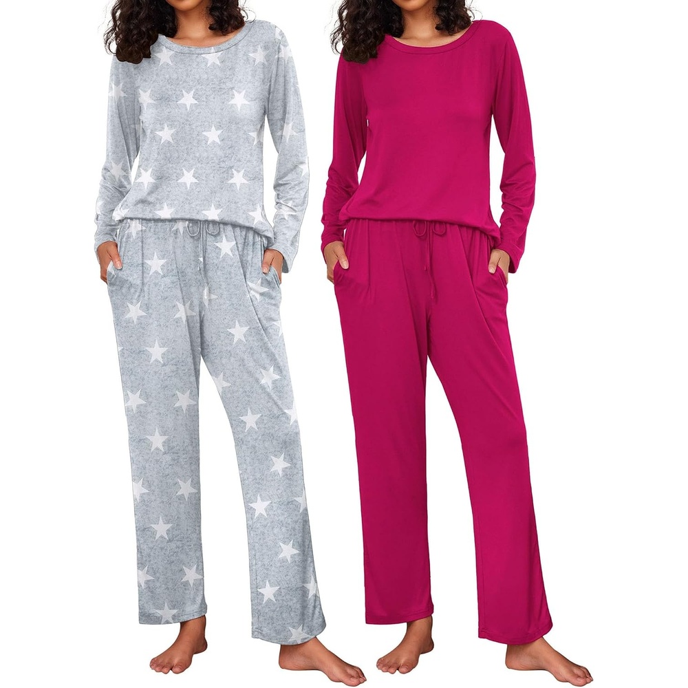 image:imageEkouaer Womens 2 Pack Pajama Sets Long Sleeve Lounge Set Soft Comfy PjsArose RedGray Star