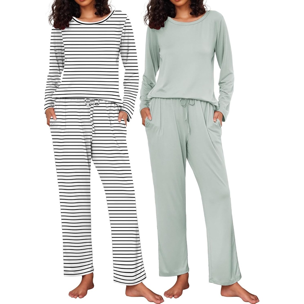 image:imageEkouaer Womens 2 Pack Pajama Sets Long Sleeve Lounge Set Soft Comfy PjsBlack StripeLight Green