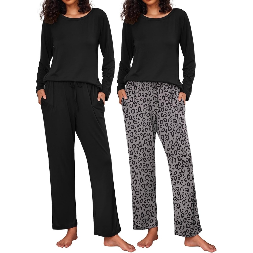 image:imageEkouaer Womens 2 Pack Pajama Sets Long Sleeve Lounge Set Soft Comfy PjsBlackBlack Leopard