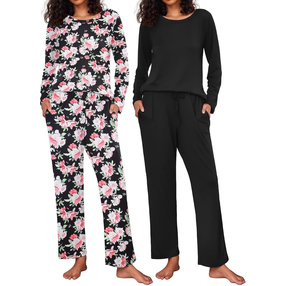 image:imageEkouaer Womens 2 Pack Pajama Sets Long Sleeve Lounge Set Soft Comfy PjsBlackFlower