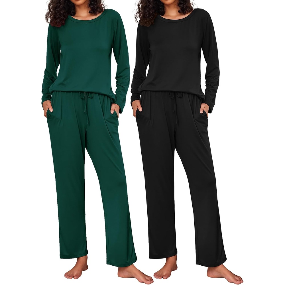image:imageEkouaer Womens 2 Pack Pajama Sets Long Sleeve Lounge Set Soft Comfy PjsBlackGreen