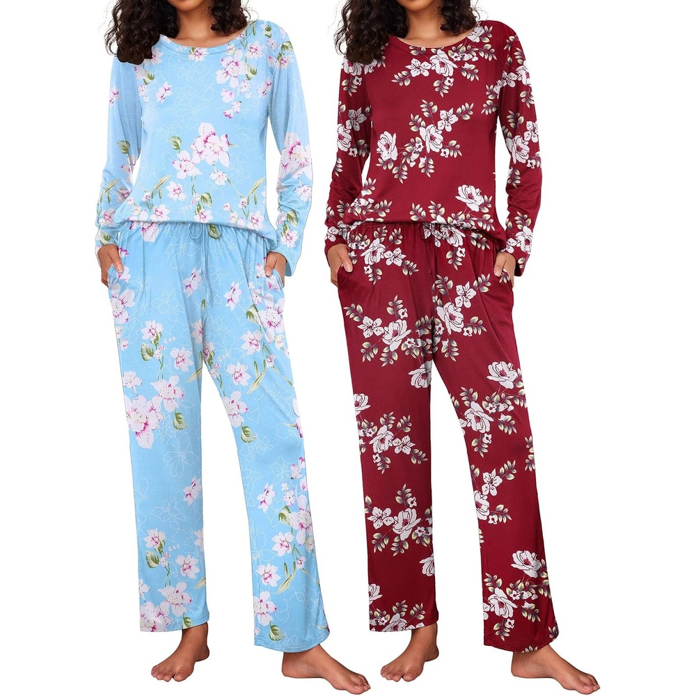 image:imageEkouaer Womens 2 Pack Pajama Sets Long Sleeve Lounge Set Soft Comfy PjsBlue FlowerWine Red Flower