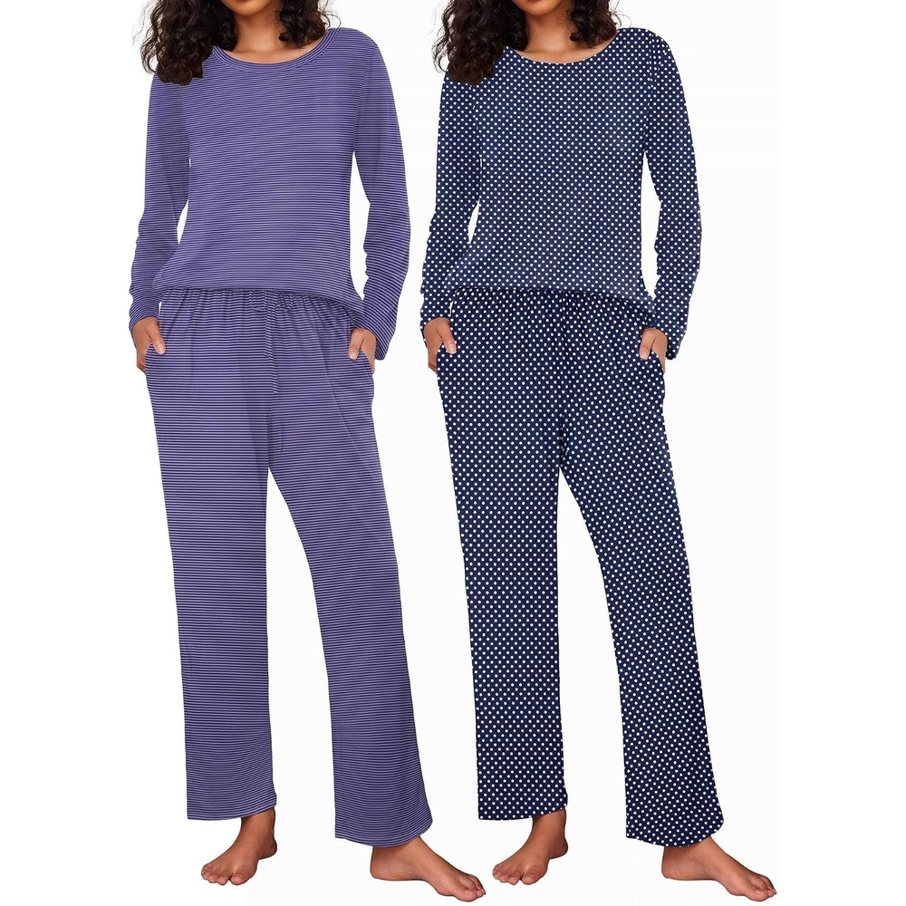 image:imageEkouaer Womens 2 Pack Pajama Sets Long Sleeve Lounge Set Soft Comfy PjsBlue StripeNavy Dots