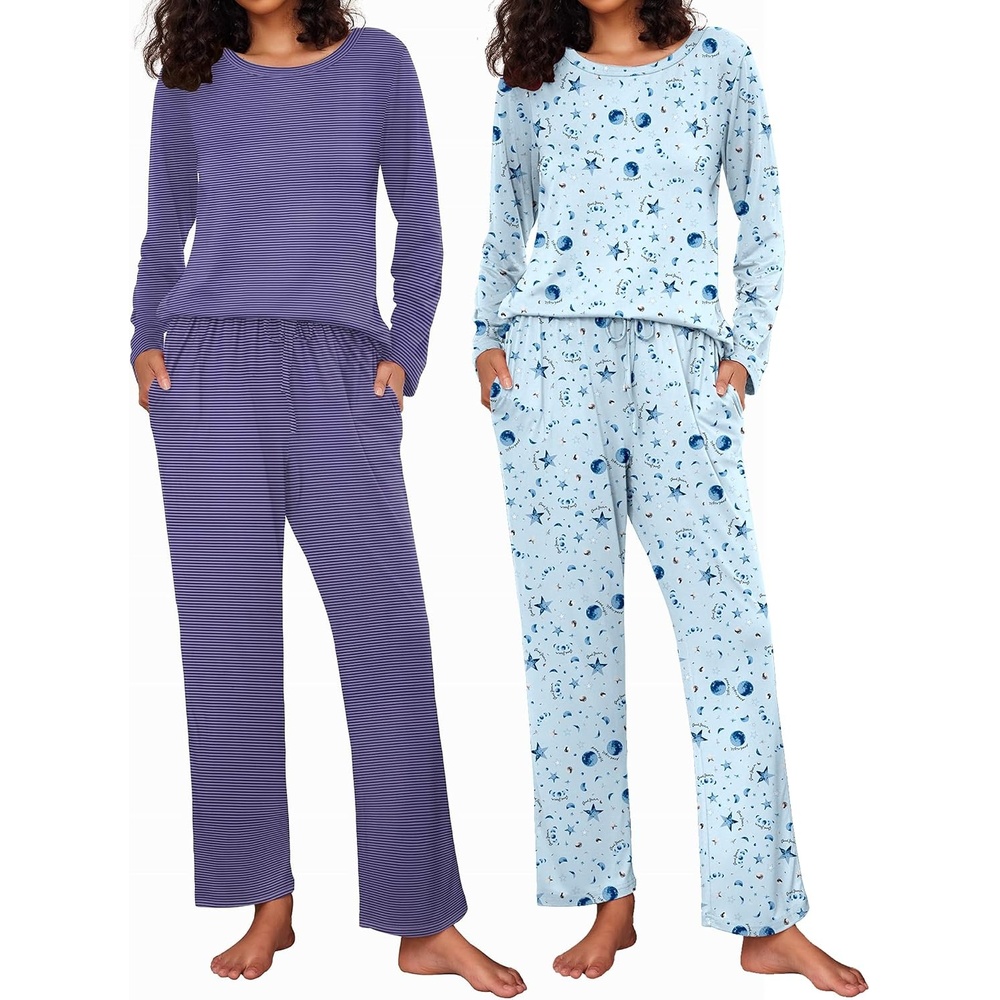 image:imageEkouaer Womens 2 Pack Pajama Sets Long Sleeve Lounge Set Soft Comfy PjsBlue StripeStar Print
