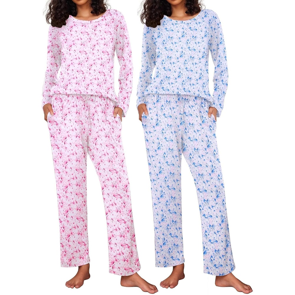 image:imageEkouaer Womens 2 Pack Pajama Sets Long Sleeve Lounge Set Soft Comfy PjsButterfly BlueButterfly Pink