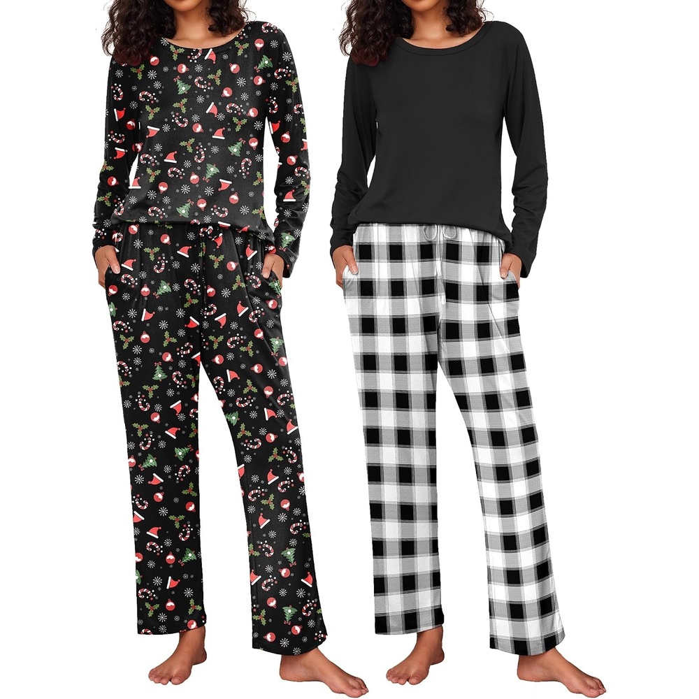 image:imageEkouaer Womens 2 Pack Pajama Sets Long Sleeve Lounge Set Soft Comfy PjsChristmas BlackBlack Plaid