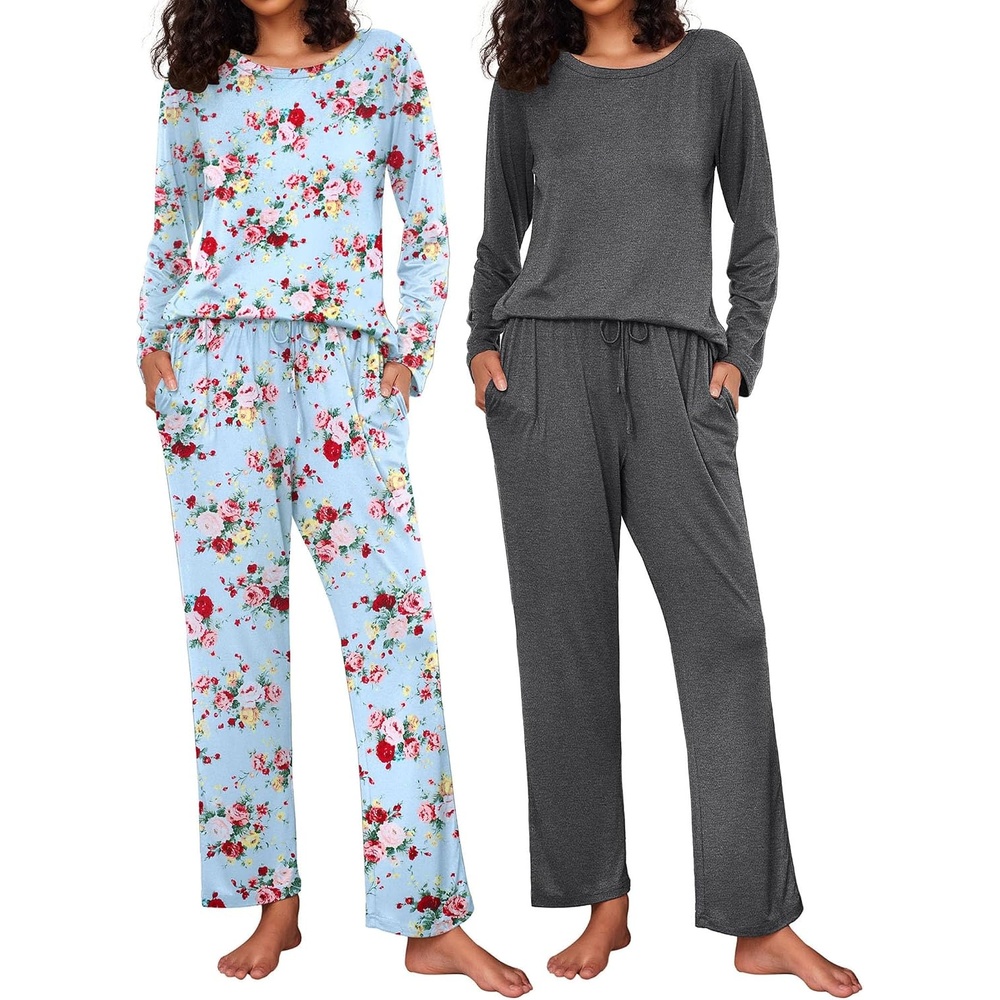 image:imageEkouaer Womens 2 Pack Pajama Sets Long Sleeve Lounge Set Soft Comfy PjsGrayBlue Flower