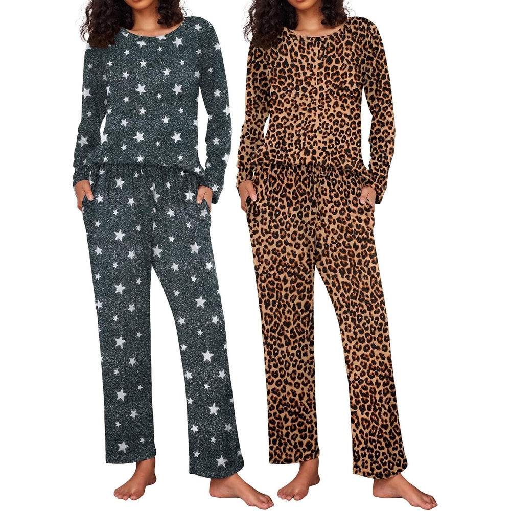 image:imageEkouaer Womens 2 Pack Pajama Sets Long Sleeve Lounge Set Soft Comfy PjsLeopardDark Gray Star