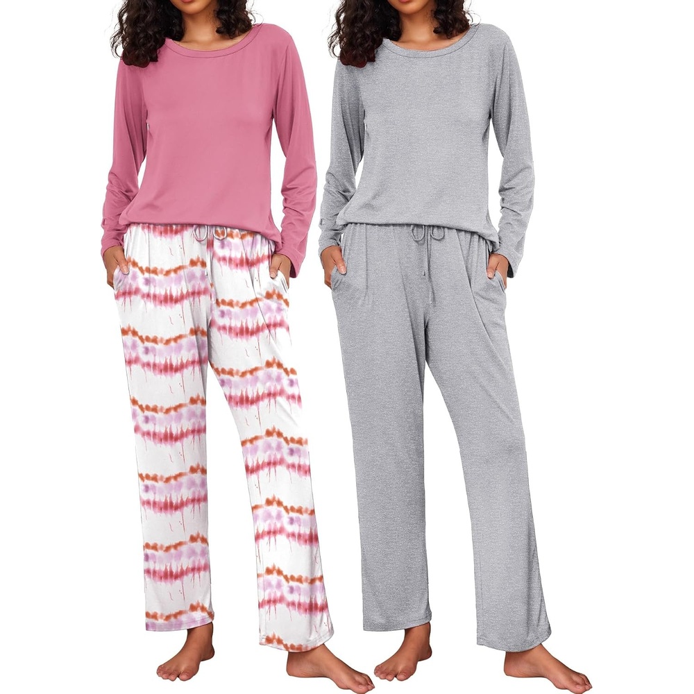 image:imageEkouaer Womens 2 Pack Pajama Sets Long Sleeve Lounge Set Soft Comfy PjsTie Dye PinkLight Gray