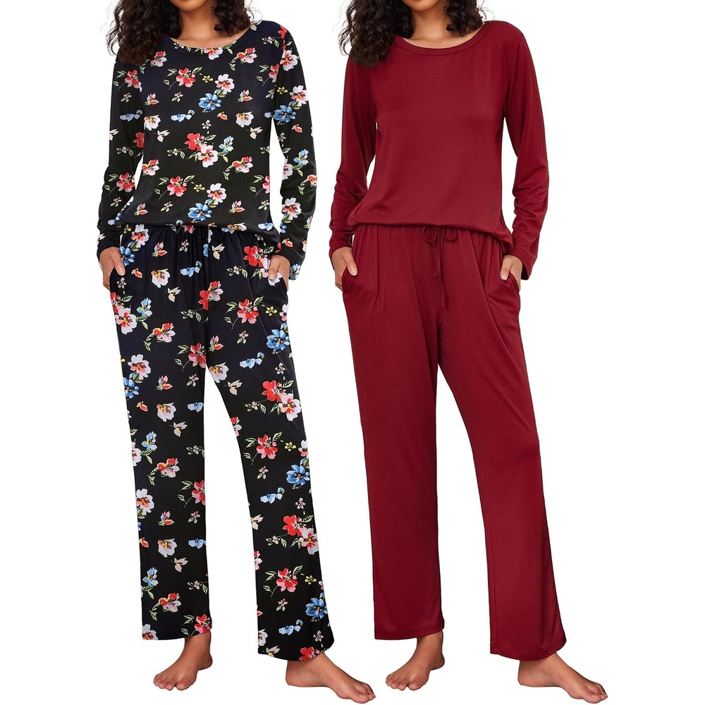 image:imageEkouaer Womens 2 Pack Pajama Sets Long Sleeve Lounge Set Soft Comfy PjsWine RedBlack Flower