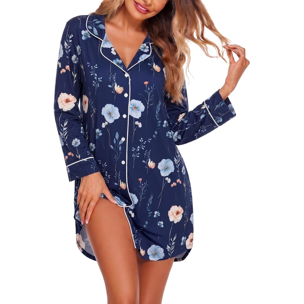 image:imageEkouaer Womens Nightgown Long Sleeve Nightshirt Soft Button Down SleepshirtNavy Floral