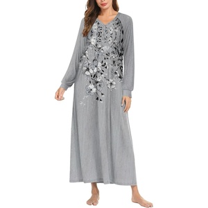 Ekouaer Nightgown for Women Long Sleeve Sleepshirt Full Length Nightshirt(Gray Flower Branches)