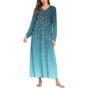 Ekouaer Nightgown for Women Long Sleeve Sleepshirt Full Length Nightshirt(Sparkling Branches Blue)
