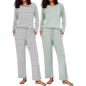 Ekouaer Women’s 2 Pack Pajama Sets Long Sleeve Lounge Set Soft Comfy Pjs(Black Stripe/Light Green)
