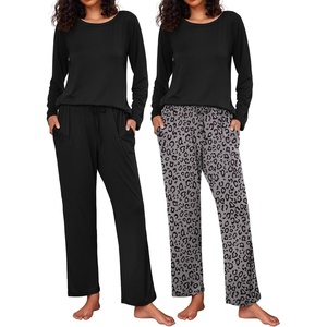 Ekouaer Women’s 2 Pack Pajama Sets Long Sleeve Lounge Set Soft Comfy Pjs(Black/Black Leopard)