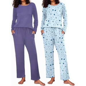 Ekouaer Women’s 2 Pack Pajama Sets Long Sleeve Lounge Set Soft Comfy Pjs(Blue Stripe/Star Print)