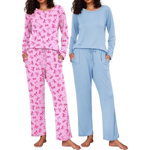 Ekouaer Women’s 2 Pack Pajama Sets Long Sleeve Lounge Set Soft Comfy Pjs(Pink Bow/Light Blue)