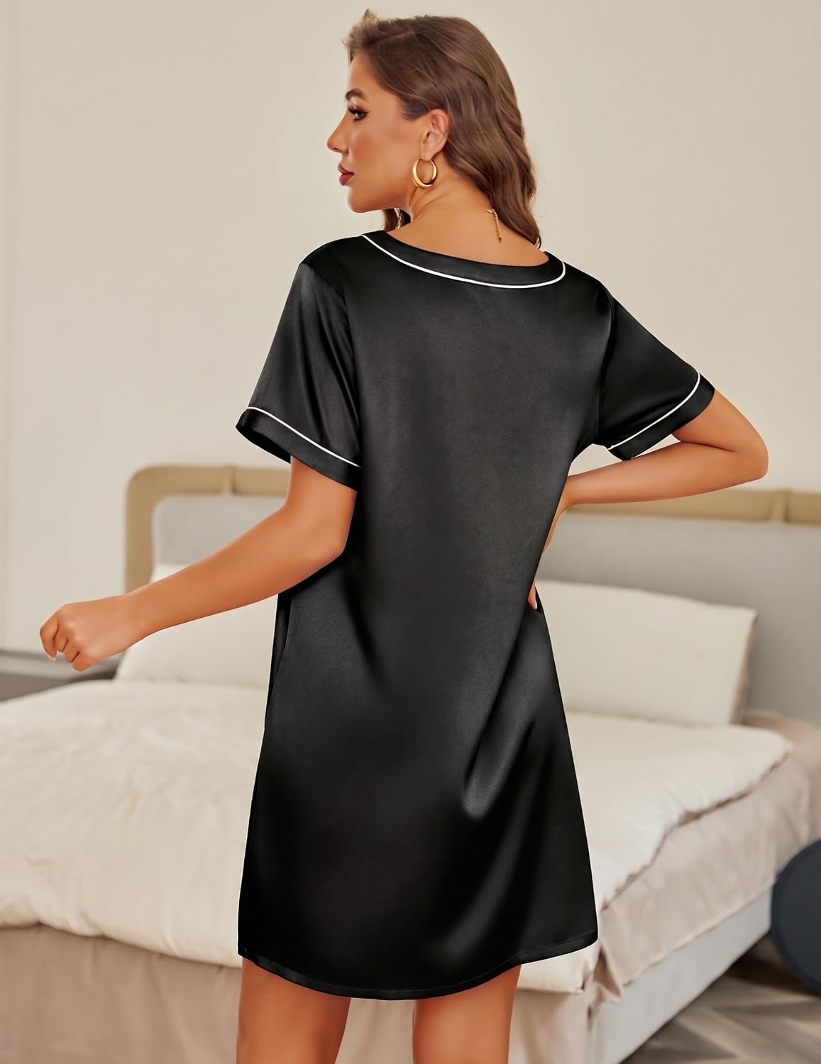 image:imageEkouaer 2 Pack Nightgowns for Women Satin Short Sleeve V Neck House DressBlack Teal