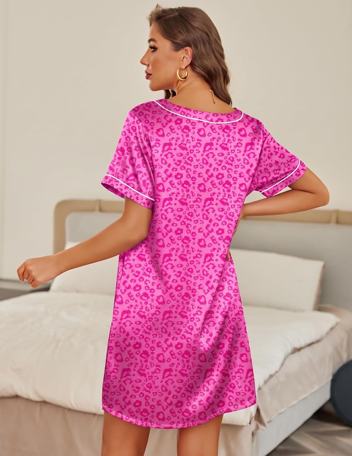 image:imageEkouaer 2 Pack Nightgowns for Women Satin Short Sleeve V Neck House DressLeopard Print Hot Pink Black