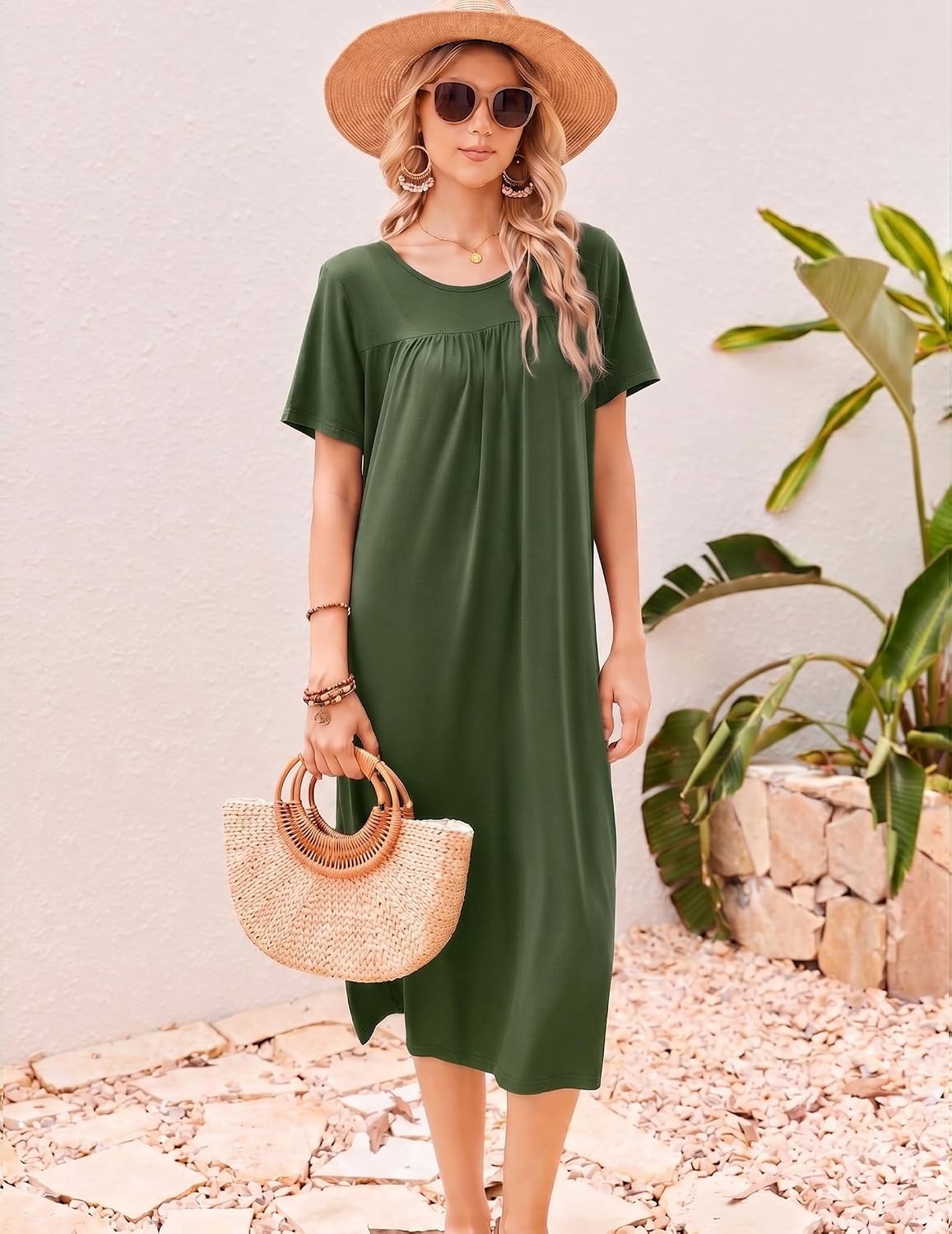 image:imageEkouaer Long Nightgowns for Women Bamboo Viscose Short Sleeve House DressesArmy Green
