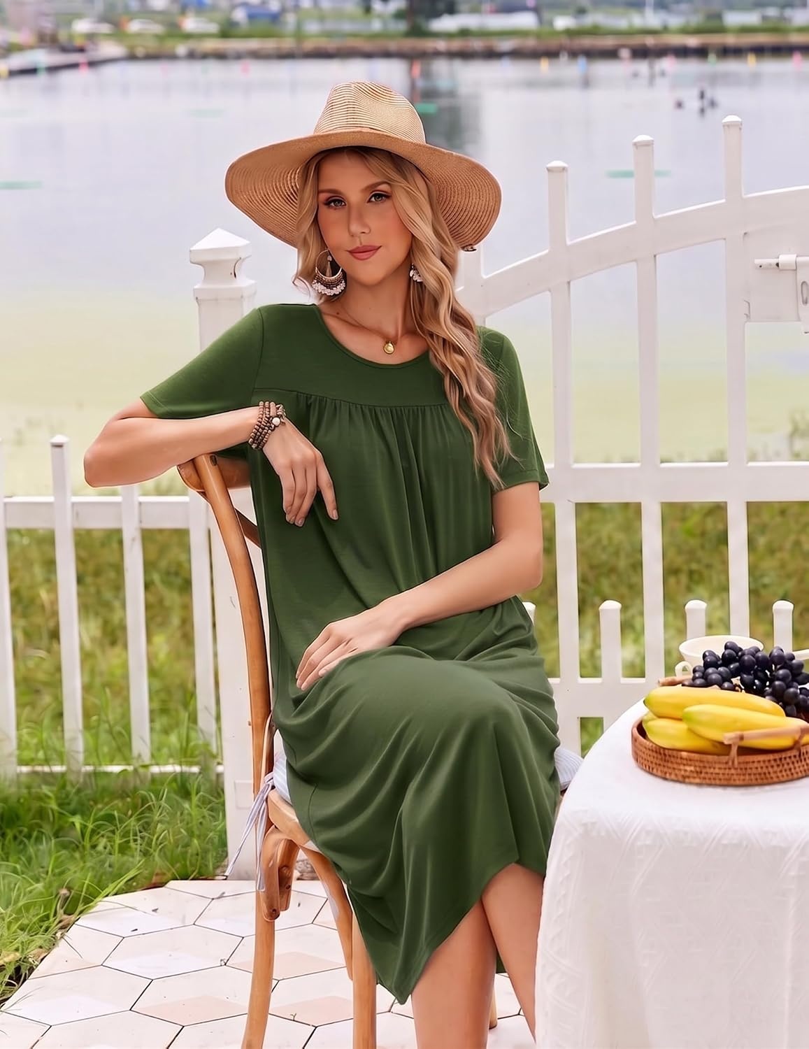 image:imageEkouaer Long Nightgowns for Women Bamboo Viscose Short Sleeve House DressesArmy Green