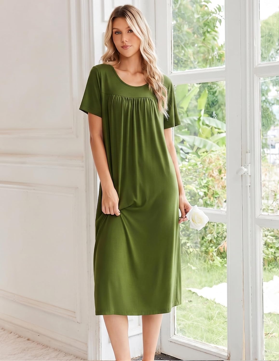 image:imageEkouaer Long Nightgowns for Women Bamboo Viscose Short Sleeve House DressesArmy Green