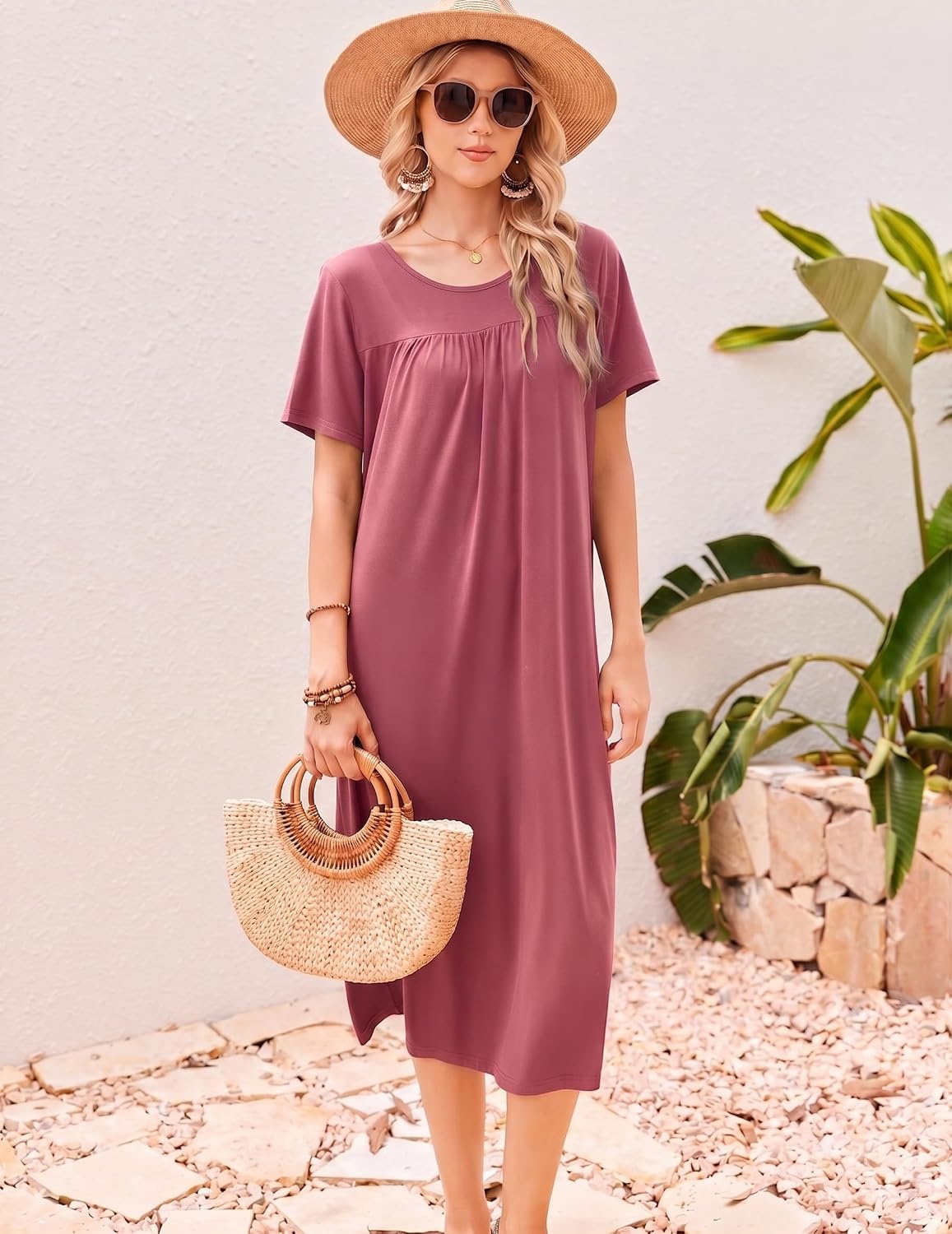 image:imageEkouaer Long Nightgowns for Women Bamboo Viscose Short Sleeve House DressesDark Pink