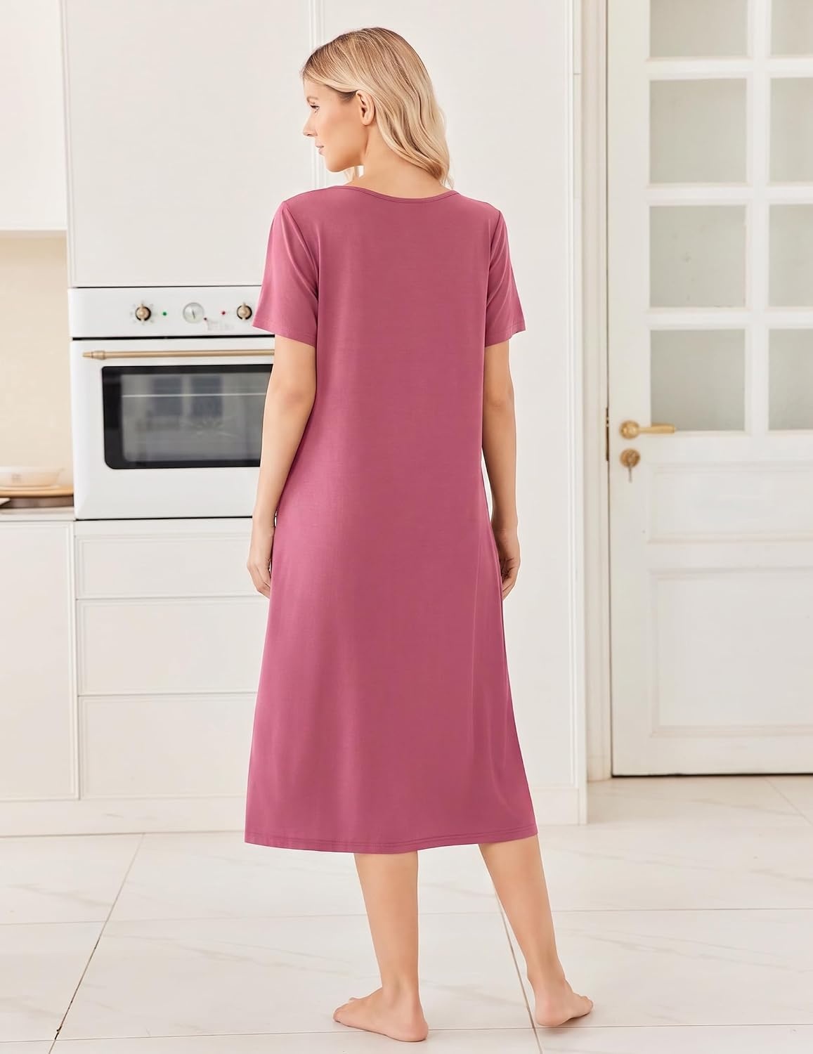 image:imageEkouaer Long Nightgowns for Women Bamboo Viscose Short Sleeve House DressesDark Pink