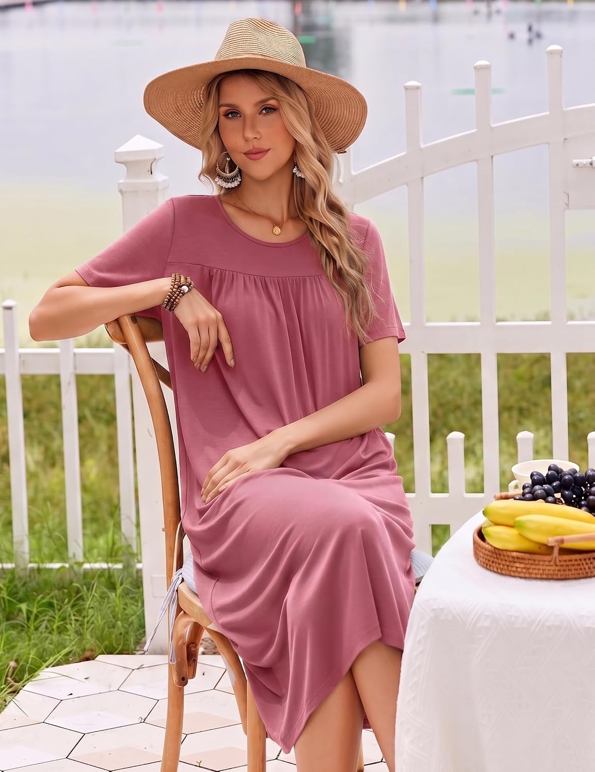 image:imageEkouaer Long Nightgowns for Women Bamboo Viscose Short Sleeve House DressesDark Pink