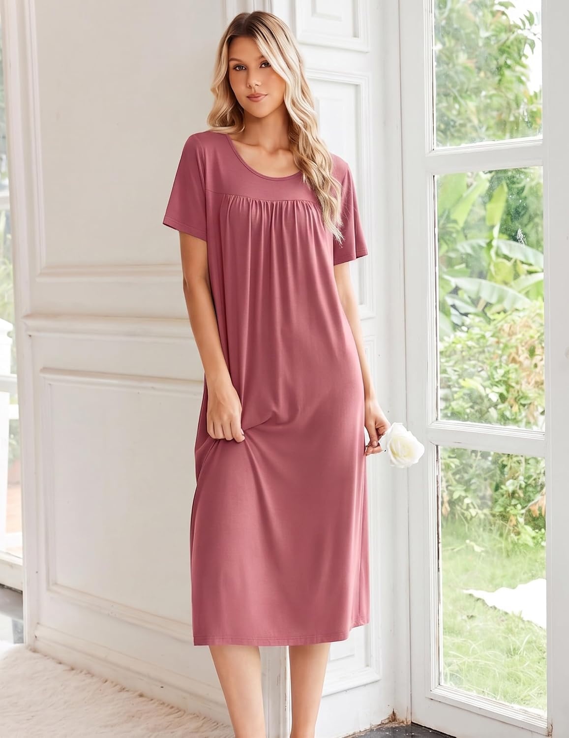 image:imageEkouaer Long Nightgowns for Women Bamboo Viscose Short Sleeve House DressesDark Pink