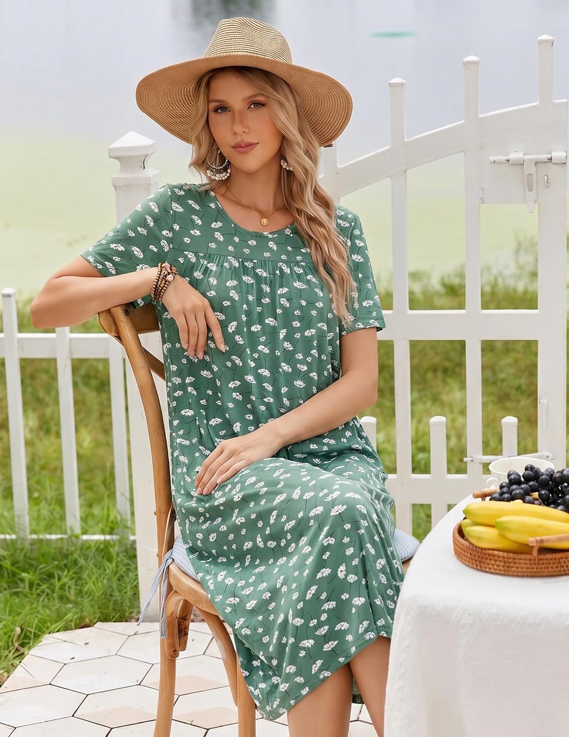 image:imageEkouaer Long Nightgowns for Women Bamboo Viscose Short Sleeve House DressesGreen White Florals
