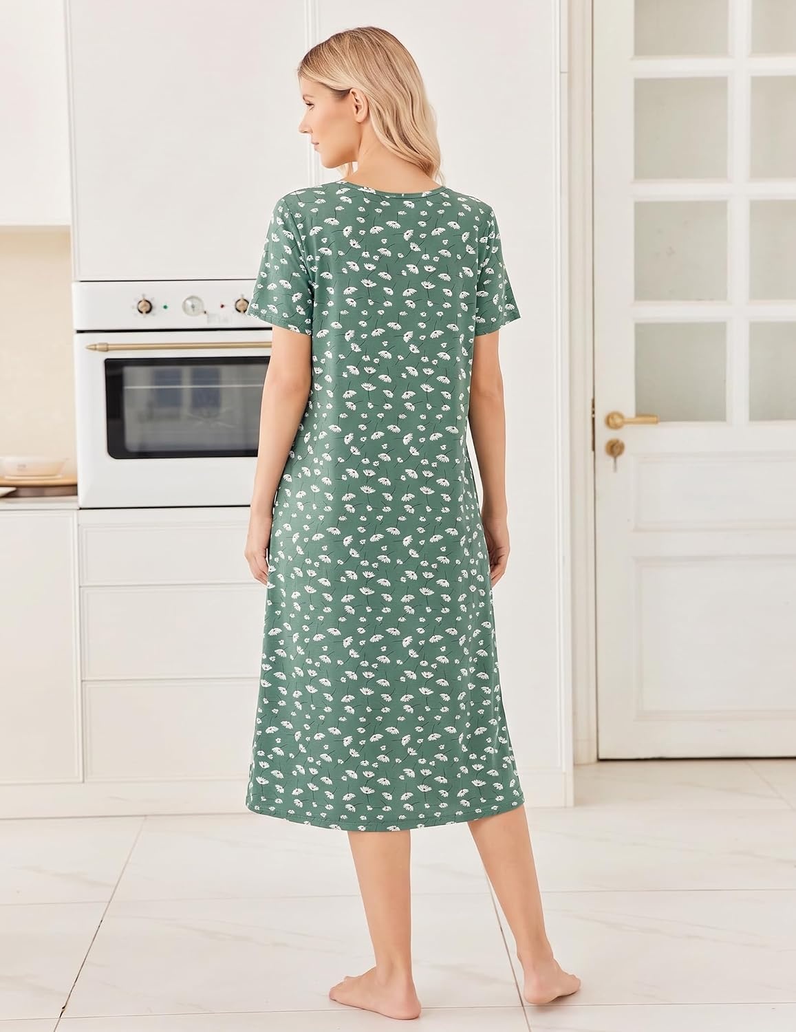 image:imageEkouaer Long Nightgowns for Women Bamboo Viscose Short Sleeve House DressesGreen White Florals