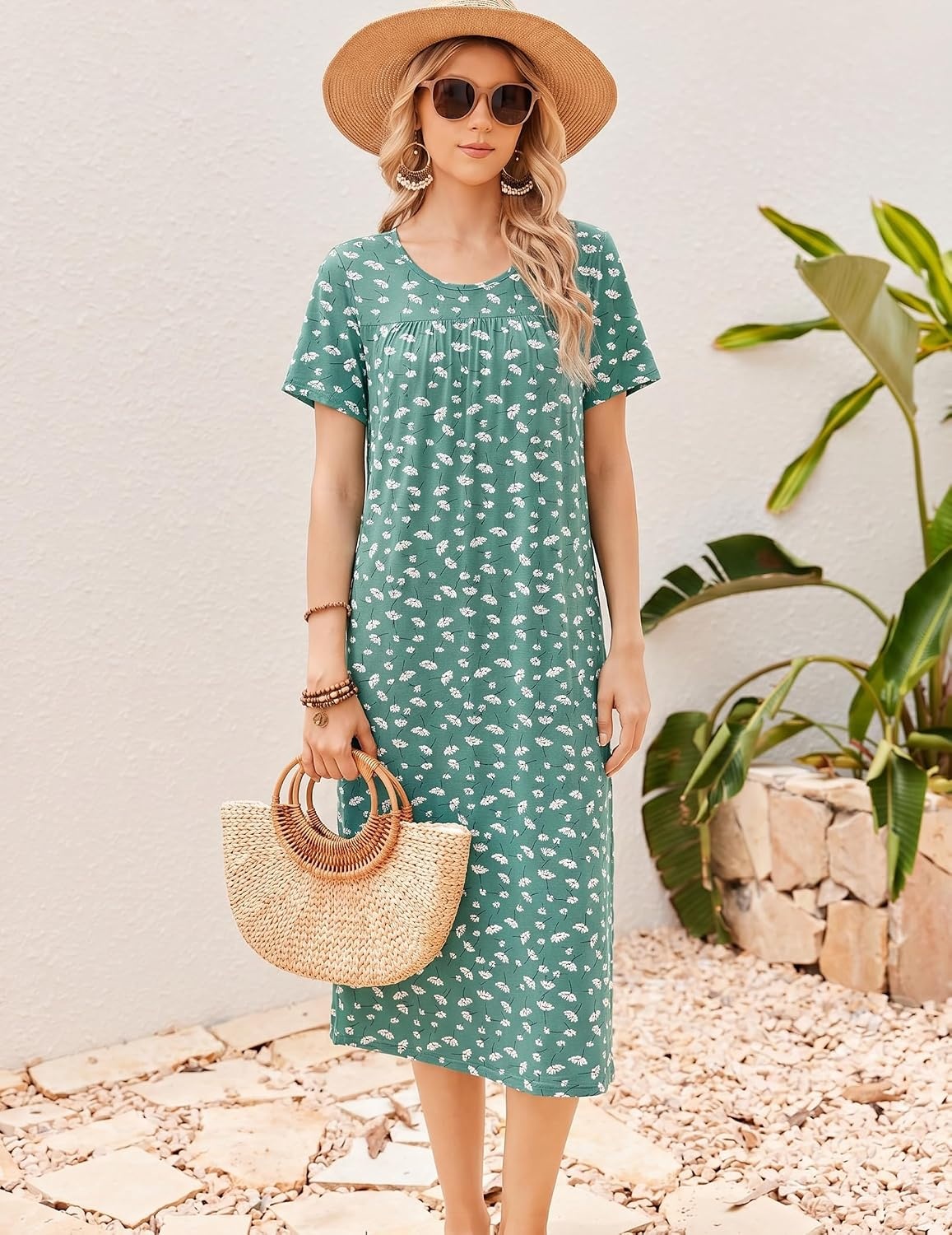 image:imageEkouaer Long Nightgowns for Women Bamboo Viscose Short Sleeve House DressesGreen White Florals