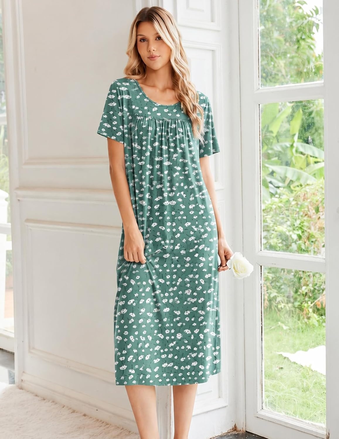 image:imageEkouaer Long Nightgowns for Women Bamboo Viscose Short Sleeve House DressesGreen White Florals