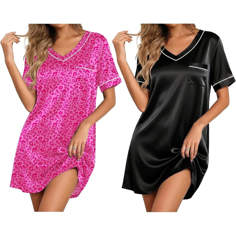 image:imageEkouaer 2 Pack Nightgowns for Women Satin Short Sleeve V Neck House DressLeopard Print Hot Pink Black