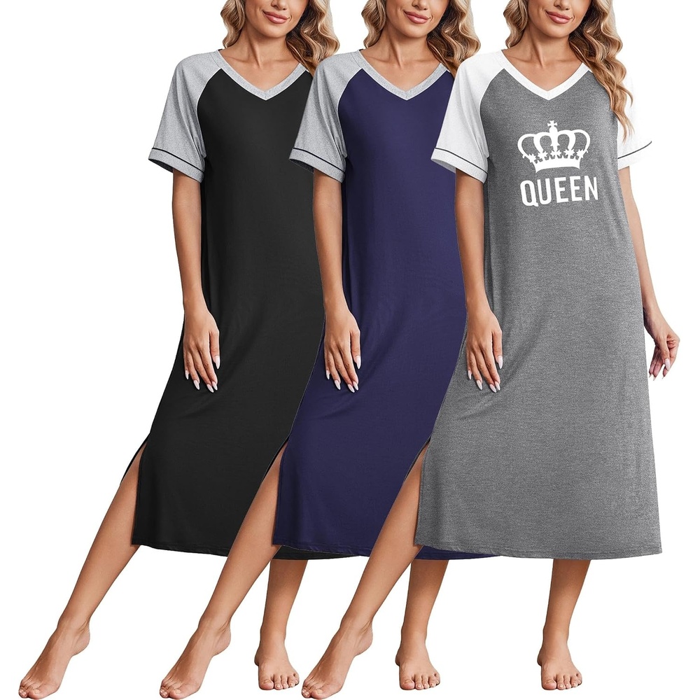 image:imageEkouaer 3 Pack Long Nightgowns for Women House Dress Plus Size Moo MoosBlackNavy BlueGrey