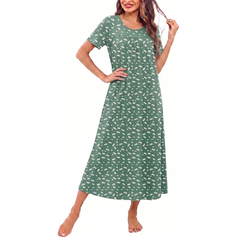 image:imageEkouaer Long Nightgowns for Women Bamboo Viscose Short Sleeve House DressesGreen White Florals