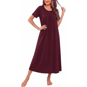Ekouaer Long Nightgowns for Women Bamboo Viscose Short Sleeve House Dresses(Dark Red)