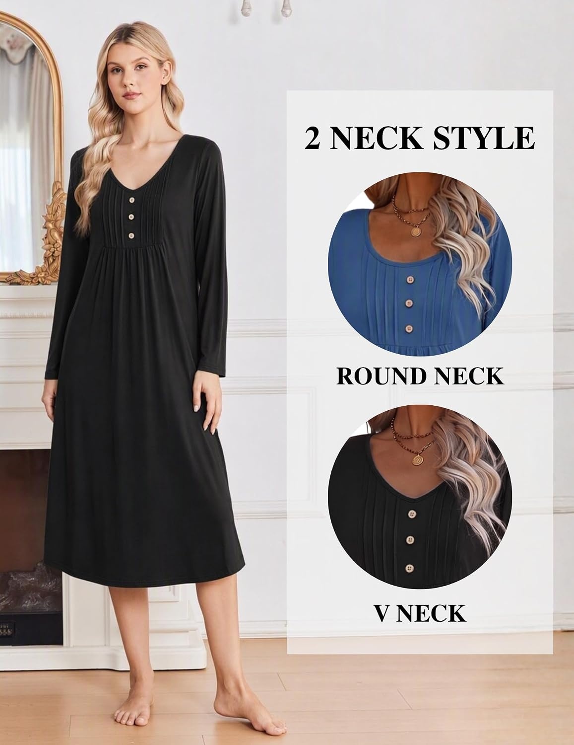 image:imageEkouaer 2 Pack Womens Nightgowns Long Sleeve Long Nightgowns for WomenBlacknavy Blue