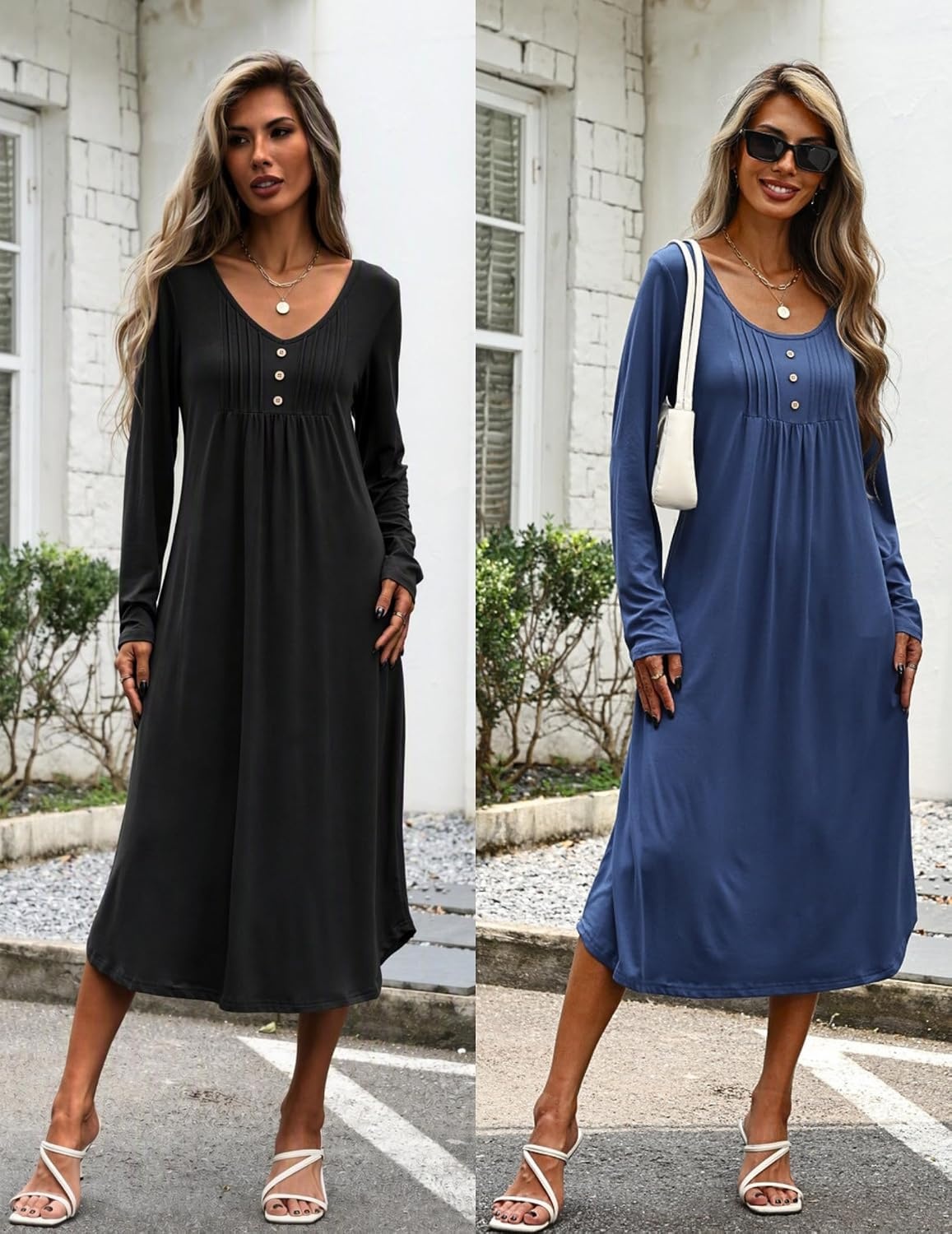 image:imageEkouaer 2 Pack Womens Nightgowns Long Sleeve Long Nightgowns for WomenBlacknavy Blue