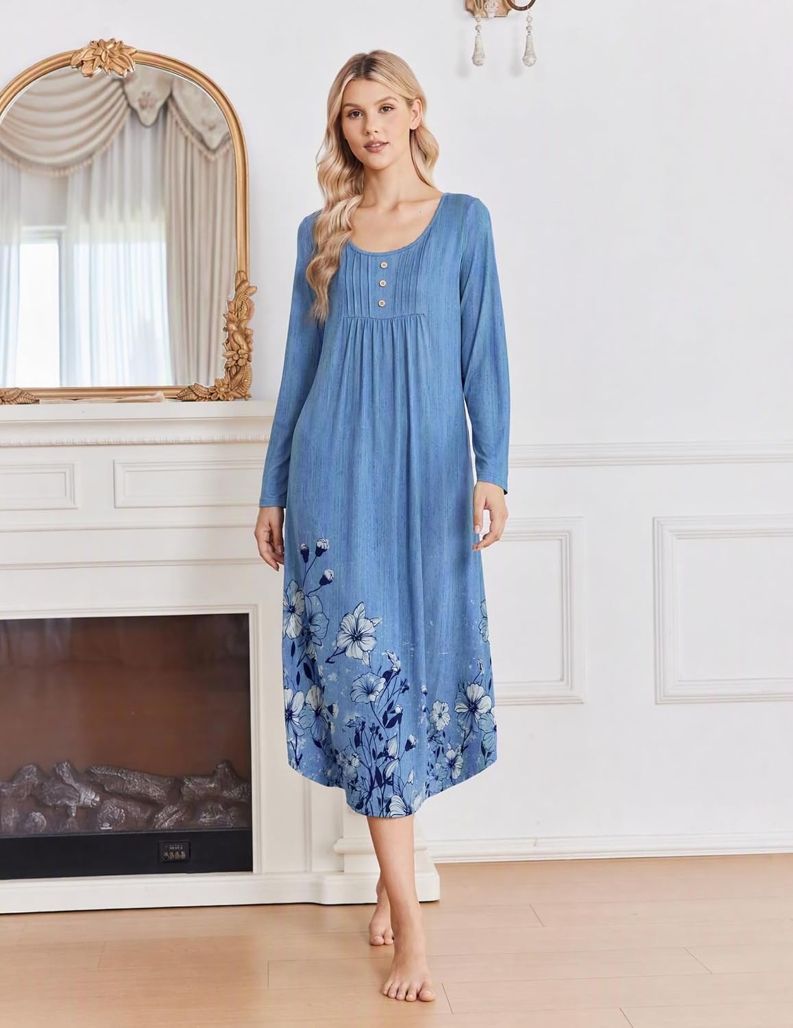 image:imageEkouaer 2 Pack Womens Nightgowns Long Sleeve Long Nightgowns for WomenGreen Boho Flowerblue Boho Flower
