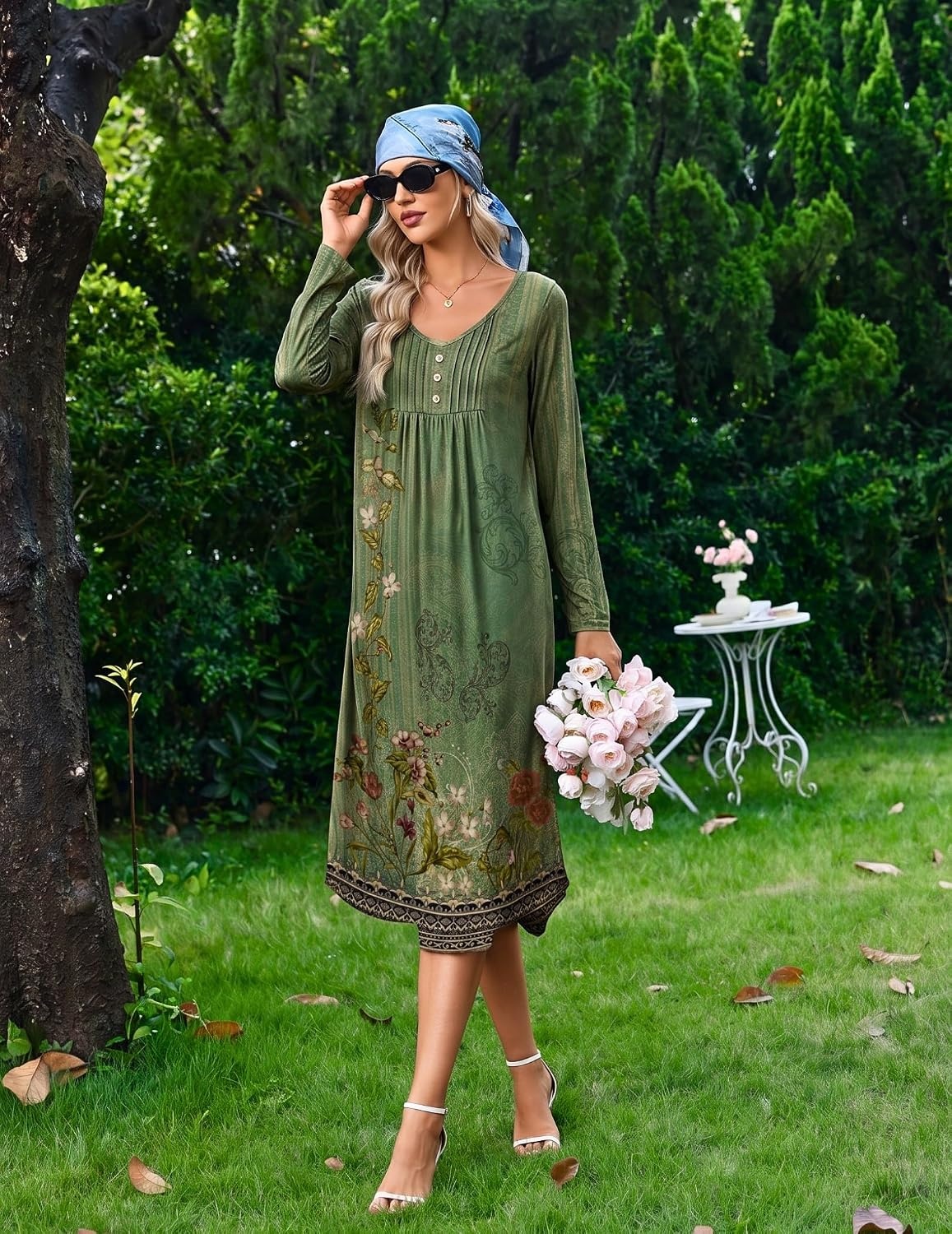 image:imageEkouaer 2 Pack Womens Nightgowns Long Sleeve Long Nightgowns for WomenGreen Boho Flowerblue Boho Flower
