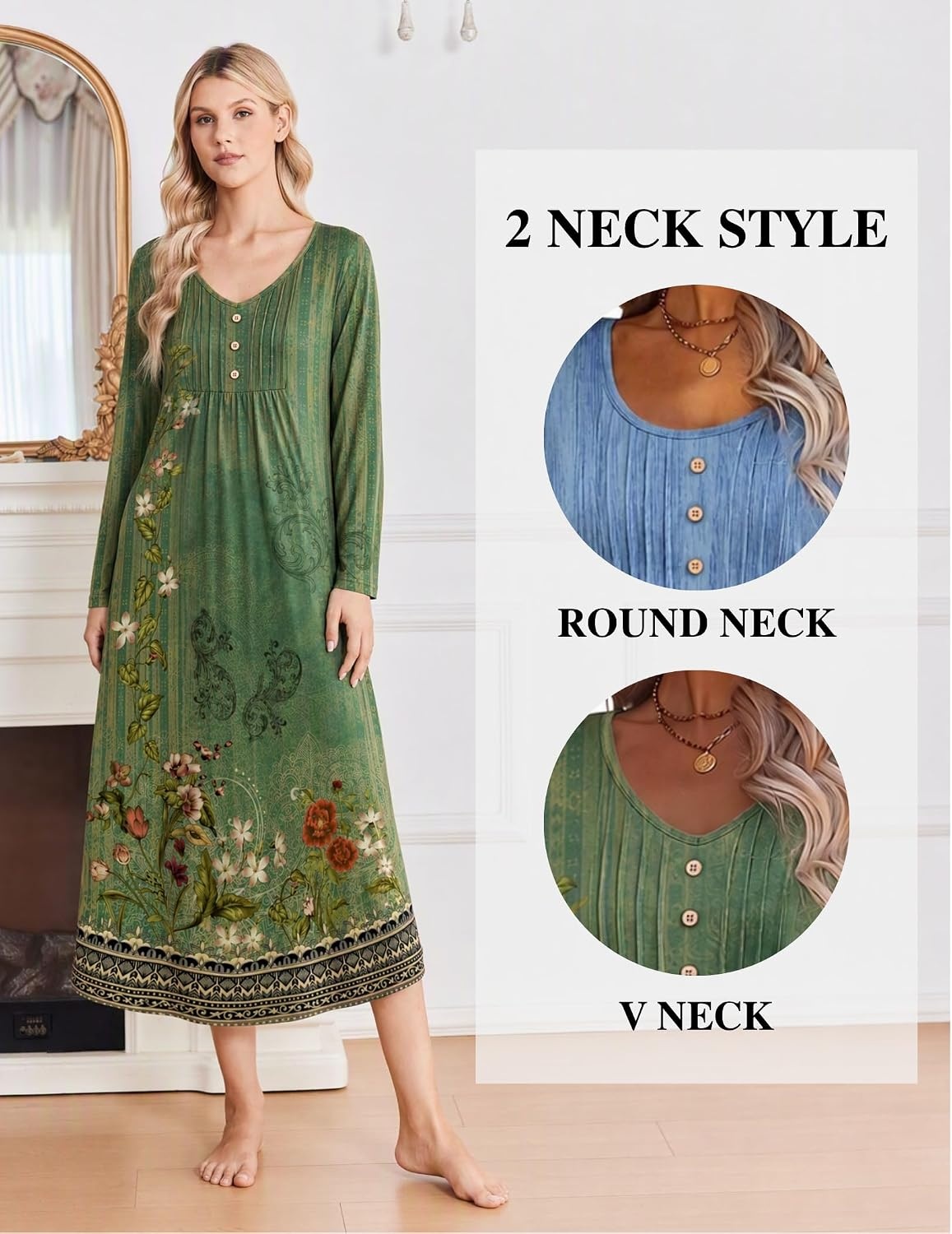 image:imageEkouaer 2 Pack Womens Nightgowns Long Sleeve Long Nightgowns for WomenGreen Boho Flowerblue Boho Flower