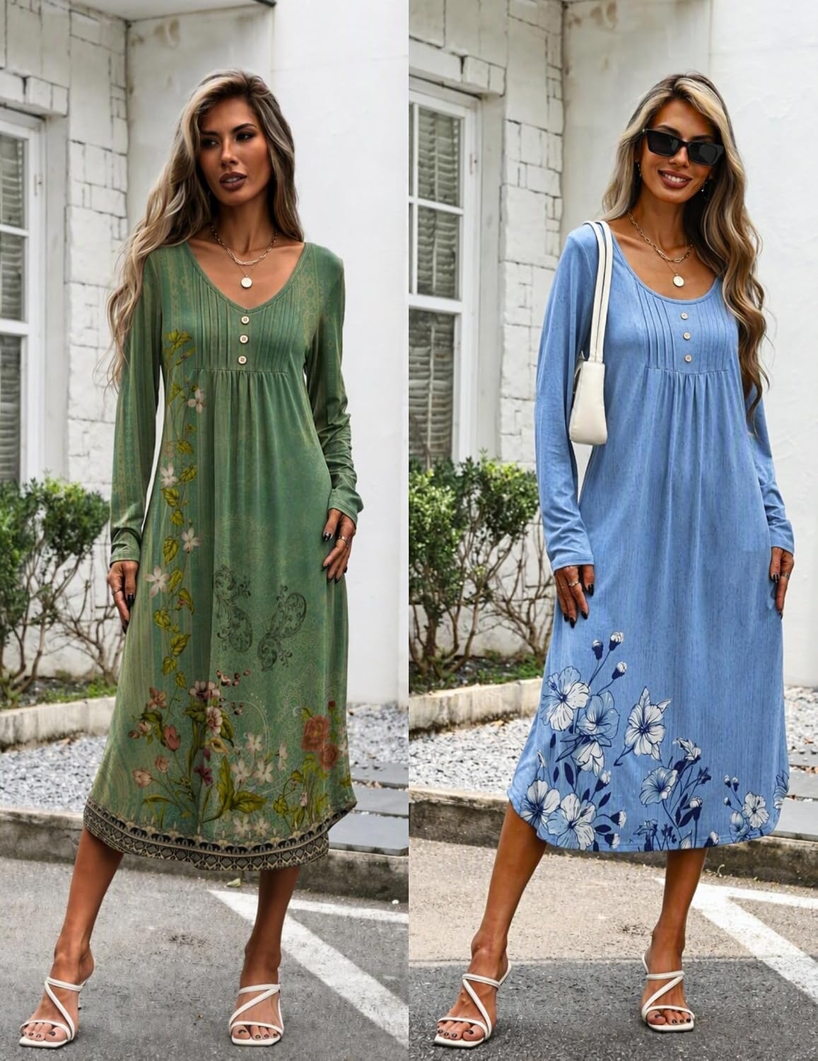 image:imageEkouaer 2 Pack Womens Nightgowns Long Sleeve Long Nightgowns for WomenGreen Boho Flowerblue Boho Flower