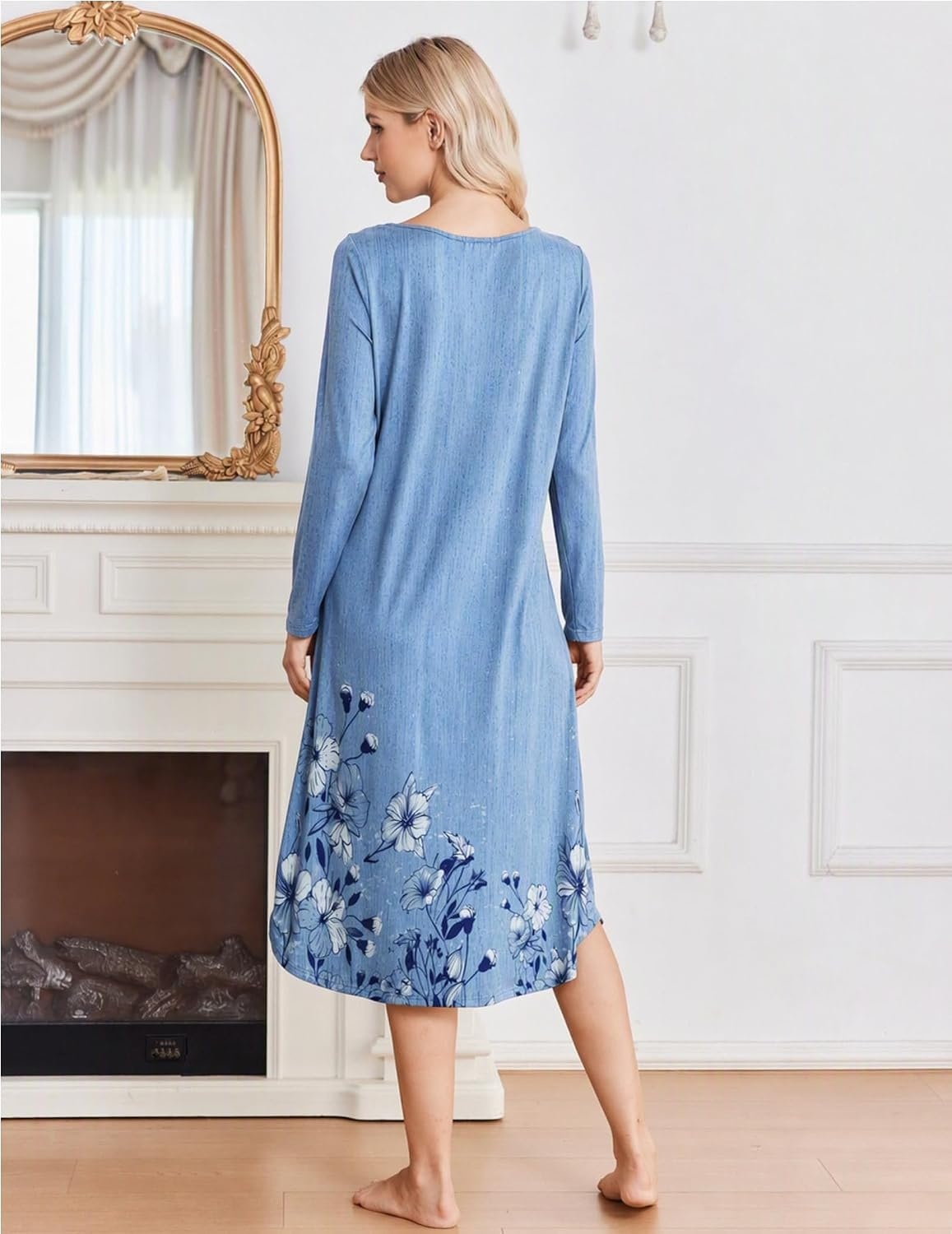image:imageEkouaer 2 Pack Womens Nightgowns Long Sleeve Long Nightgowns for WomenGreen Boho Flowerblue Boho Flower