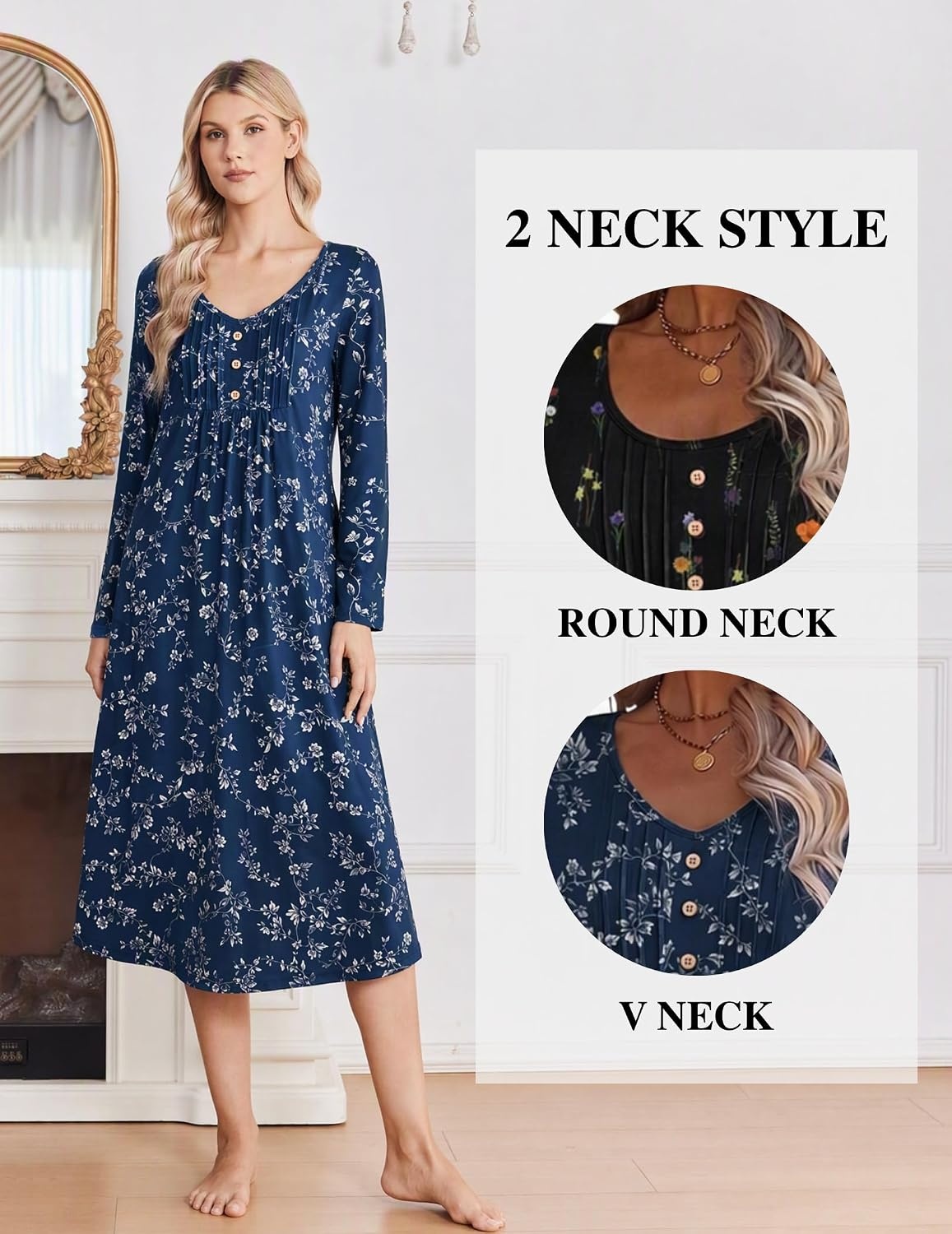 image:imageEkouaer 2 Pack Womens Nightgowns Long Sleeve Long Nightgowns for WomenNavy Flowercolorful Flower