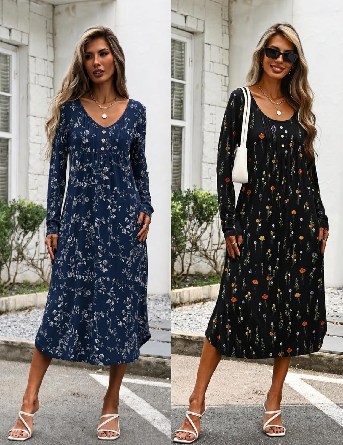 image:imageEkouaer 2 Pack Womens Nightgowns Long Sleeve Long Nightgowns for WomenNavy Flowercolorful Flower