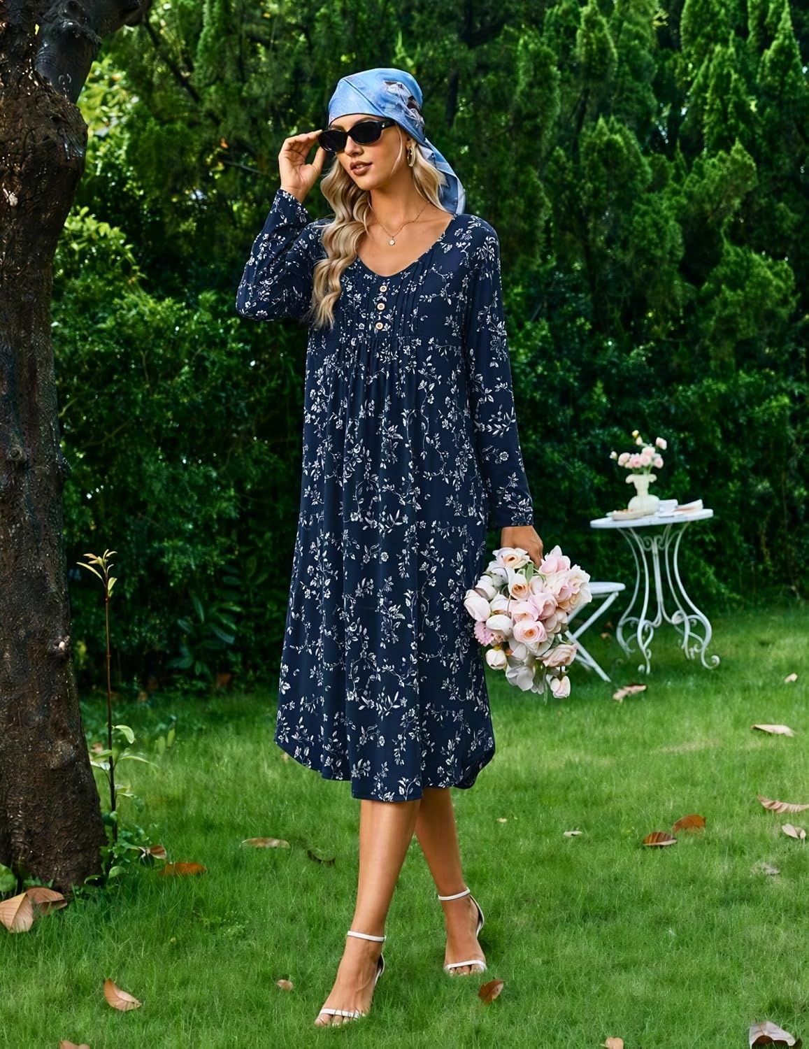 image:imageEkouaer 2 Pack Womens Nightgowns Long Sleeve Long Nightgowns for WomenNavy Flowercolorful Flower